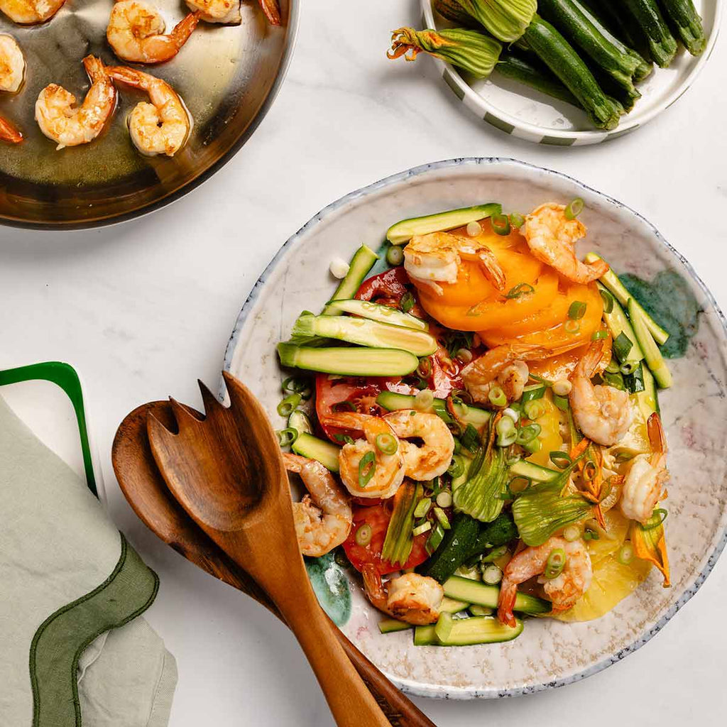 Raw Zucchini and Heirloom Tomato Salad with Pan Fried Prawns