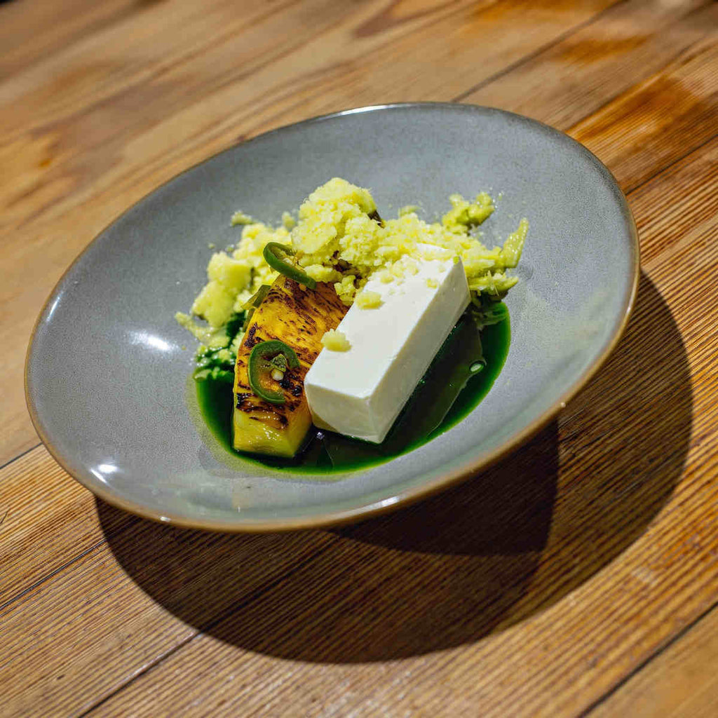 Burnt Pineapple, Salted Coconut Parfait, Jalapeño Granita, Basil Oil