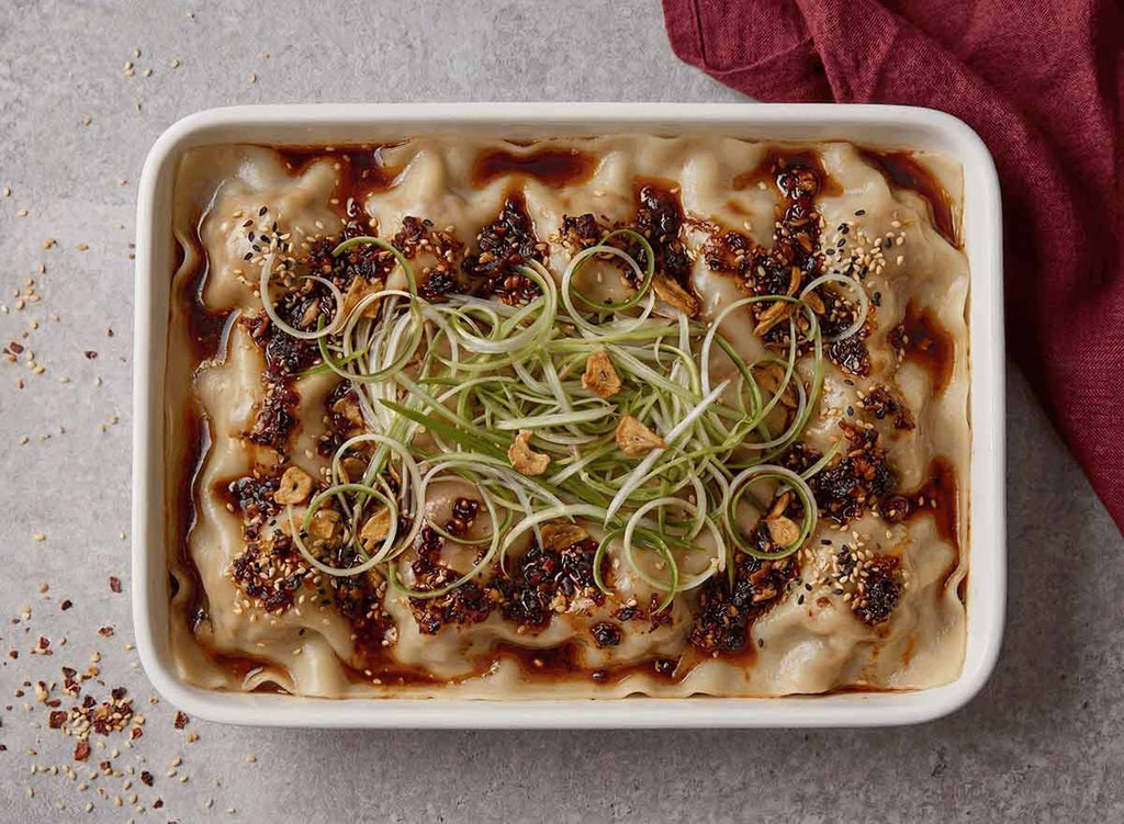 Layered Dumpling Lasagne with Black Garlic Pork & Crispy Chilli Oil