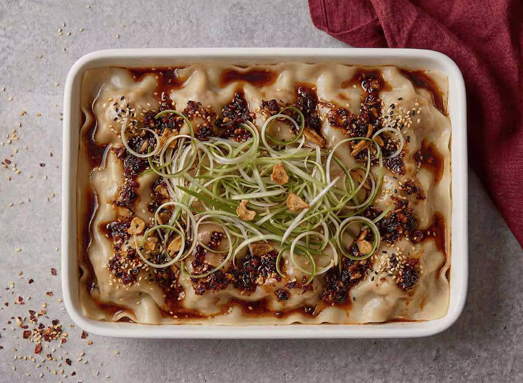 Layered Dumpling Lasagne with Black Garlic Pork & Crispy Chilli Oil