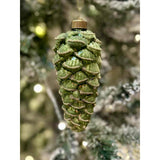 RAZ Pinecone Hanging Decoration Green 12cm – elegant glass ornament shaped like a pinecone with shimmering green and gold accents.