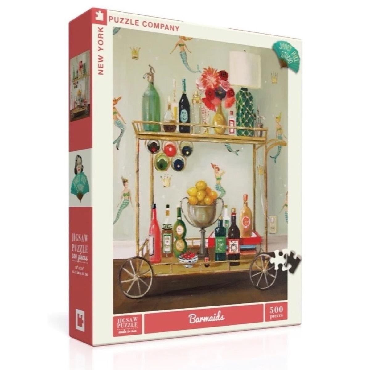 New York Puzzle Company Janet Hill Barmaids Puzzle 500 Piece showing vintage bar cart artwork