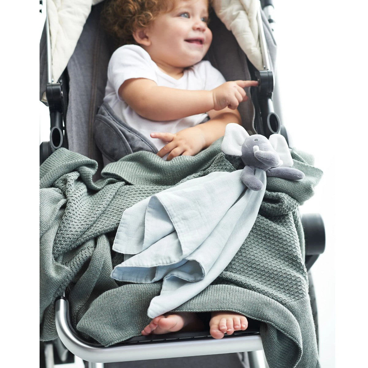 Little Bamboo Erin the Elephant Baby Comforter | Minimax - with a baby in stroller