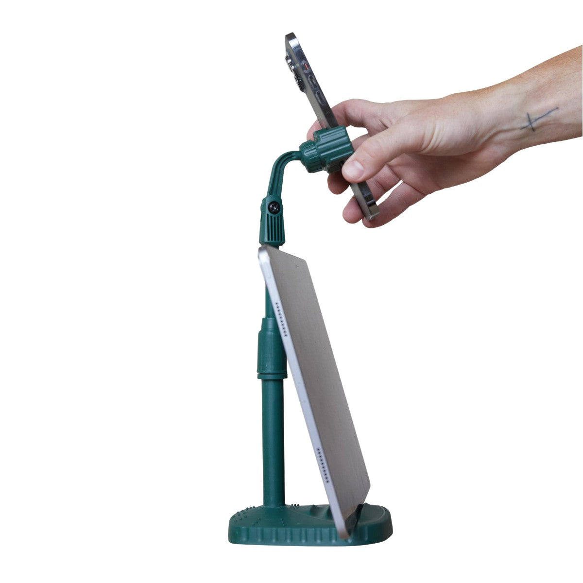 Gentlemen's Hardware Stand and Deliver Phone Tripod | Minimax - with phone and tablet and a hand holding the  phone