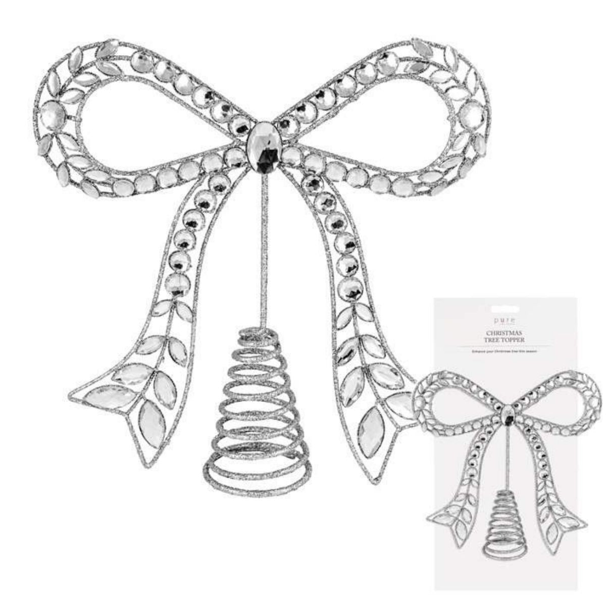 Swing Gifts Metal Glitter Bow Tree Topper Silver