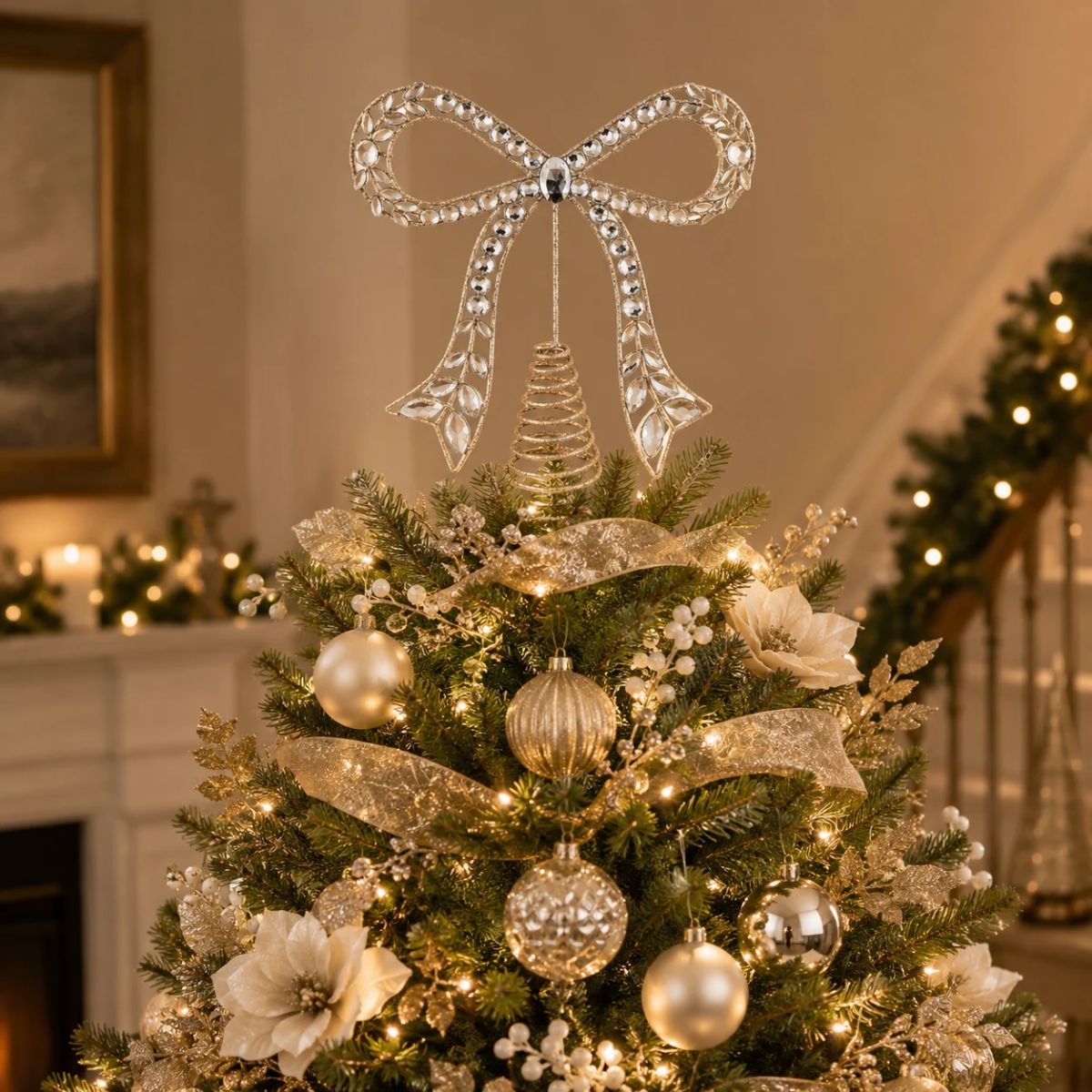 Swing Gifts Glitter Bow Tree Topper Champagne
