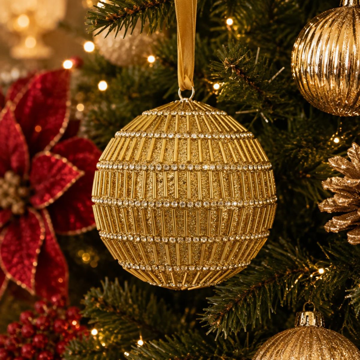 Florabelle Bugle Bead Bauble Gold 10cm