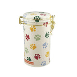 Emma Bridgewater Polka Paws Clip Tin – decorative storage tin with multicoloured paw prints and secure clip lid, perfect for pet treats