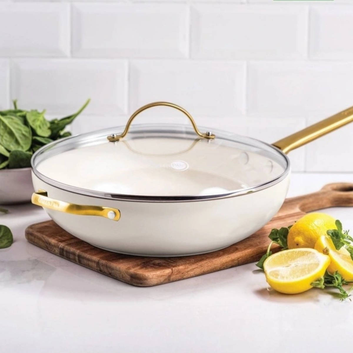 GreenPan Padova Covered Wok with Helper Handle Cream 32cm | Minimax