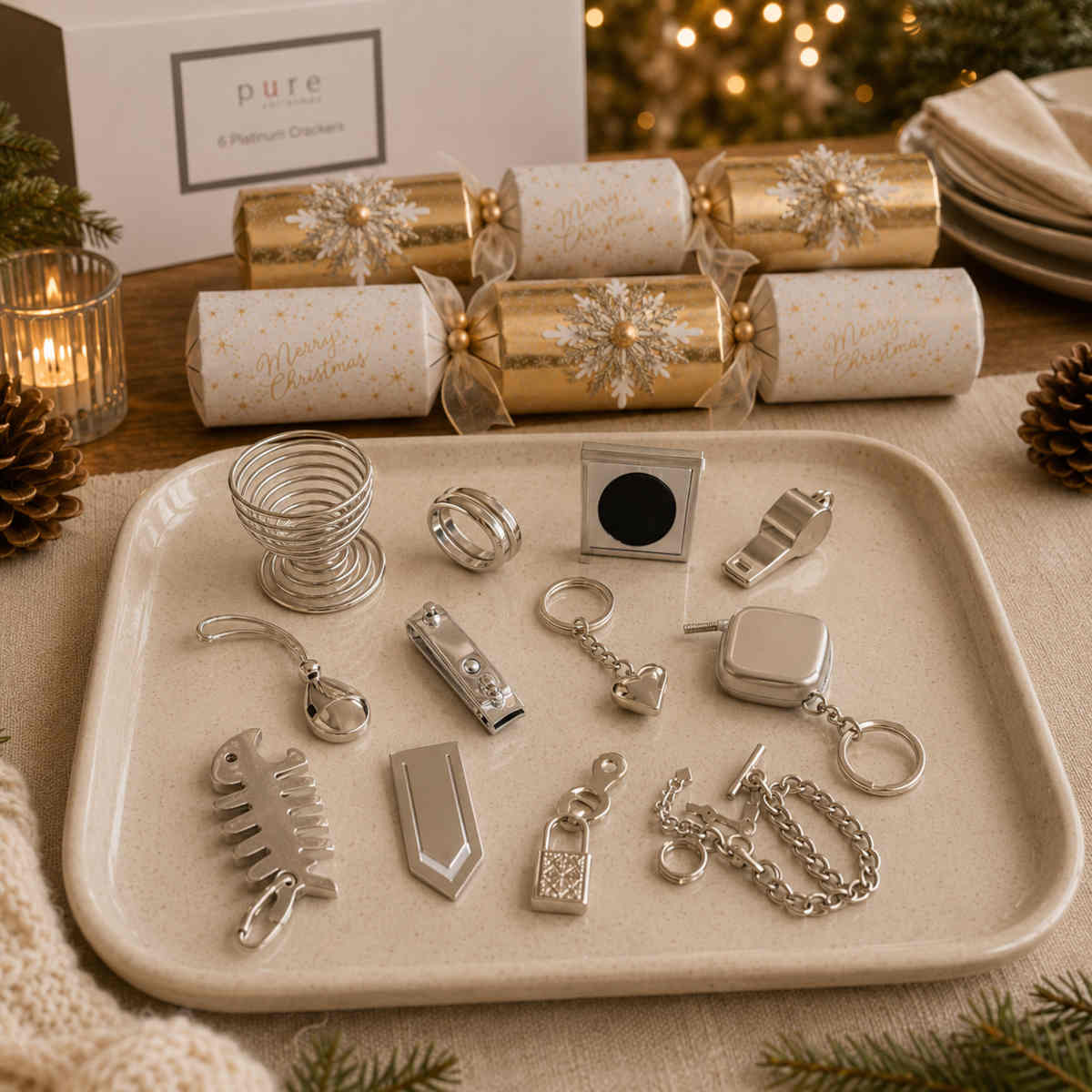 Pure Christmas Snowflake Crackers Platinum Gold Pearl 36cm (Set of 6) | Minimax