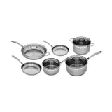 Swiss Diamond Premium Steel Induction Saucepan Set (3-Piece) - including two frying pans, two saucepans with lids, a casserole pot with a lid, and a sauté pan with a lid, all made of stainless steel and displayed on a white background.