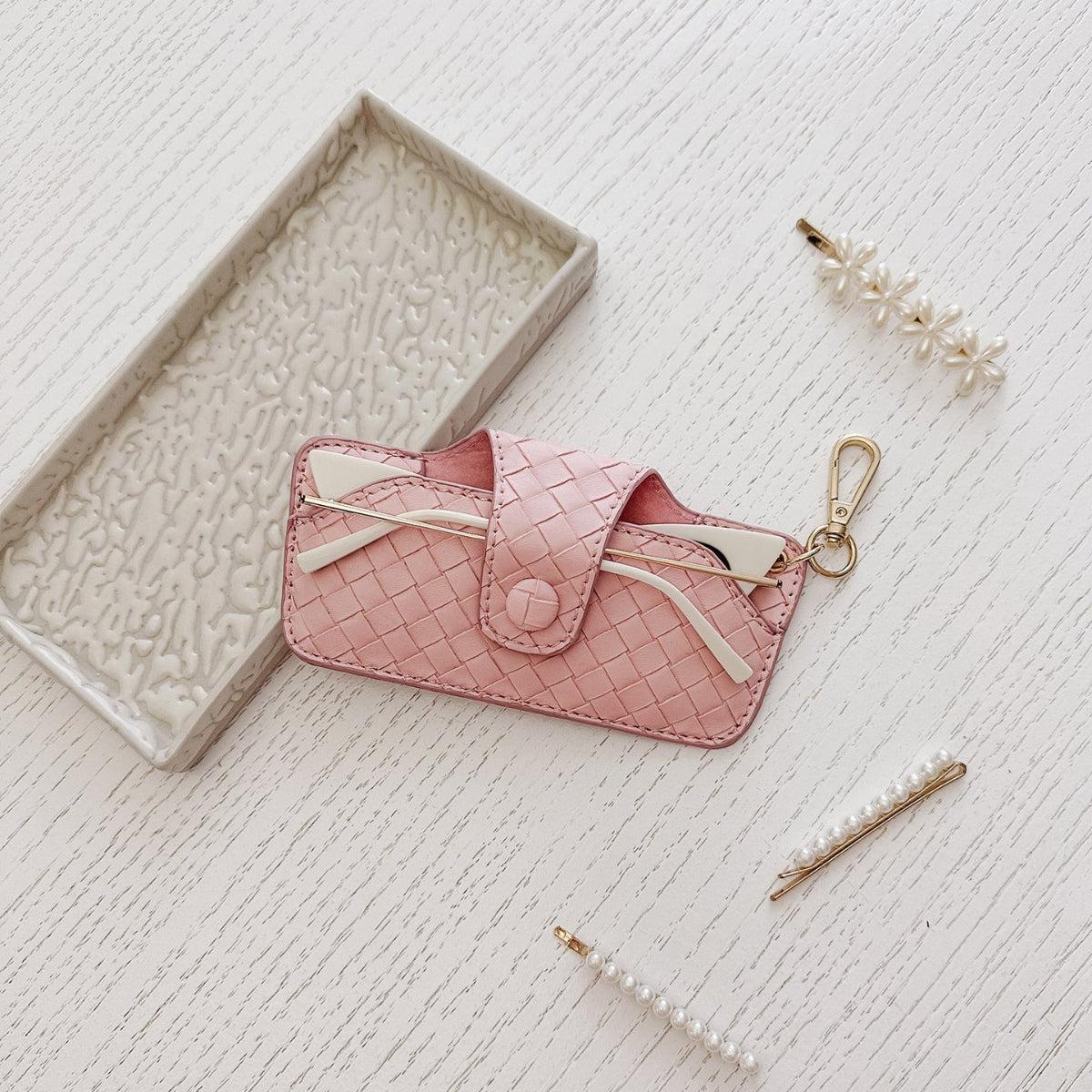 Louenhide Skittle Sunglass Case Woven Pastel Pink featuring textured weave and gold clip