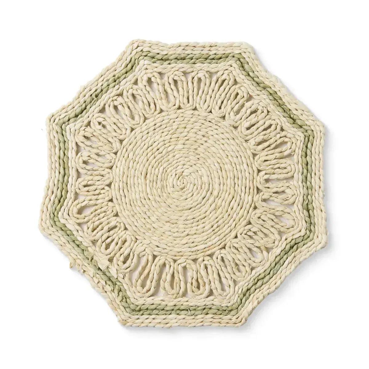 Madras Link Majorca Natural Green Octagon Table Mat 35cm – decorative woven placemat in natural maize with green border and octagon shape