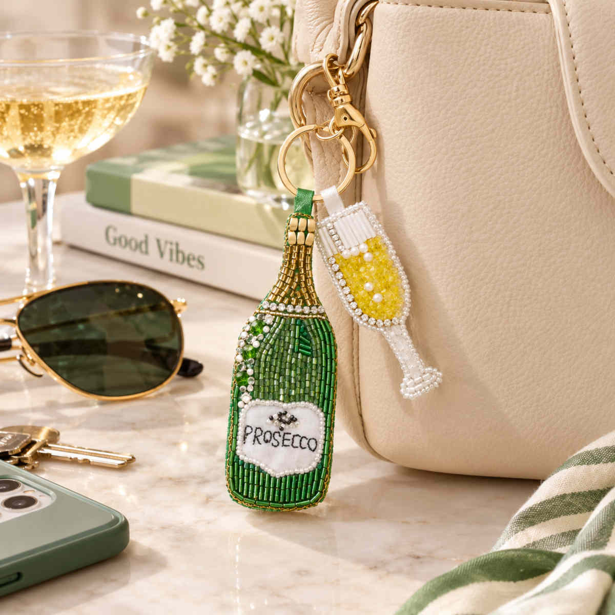 Coast to Coast Home Prosecco Beaded Keyring Green 6x19cm