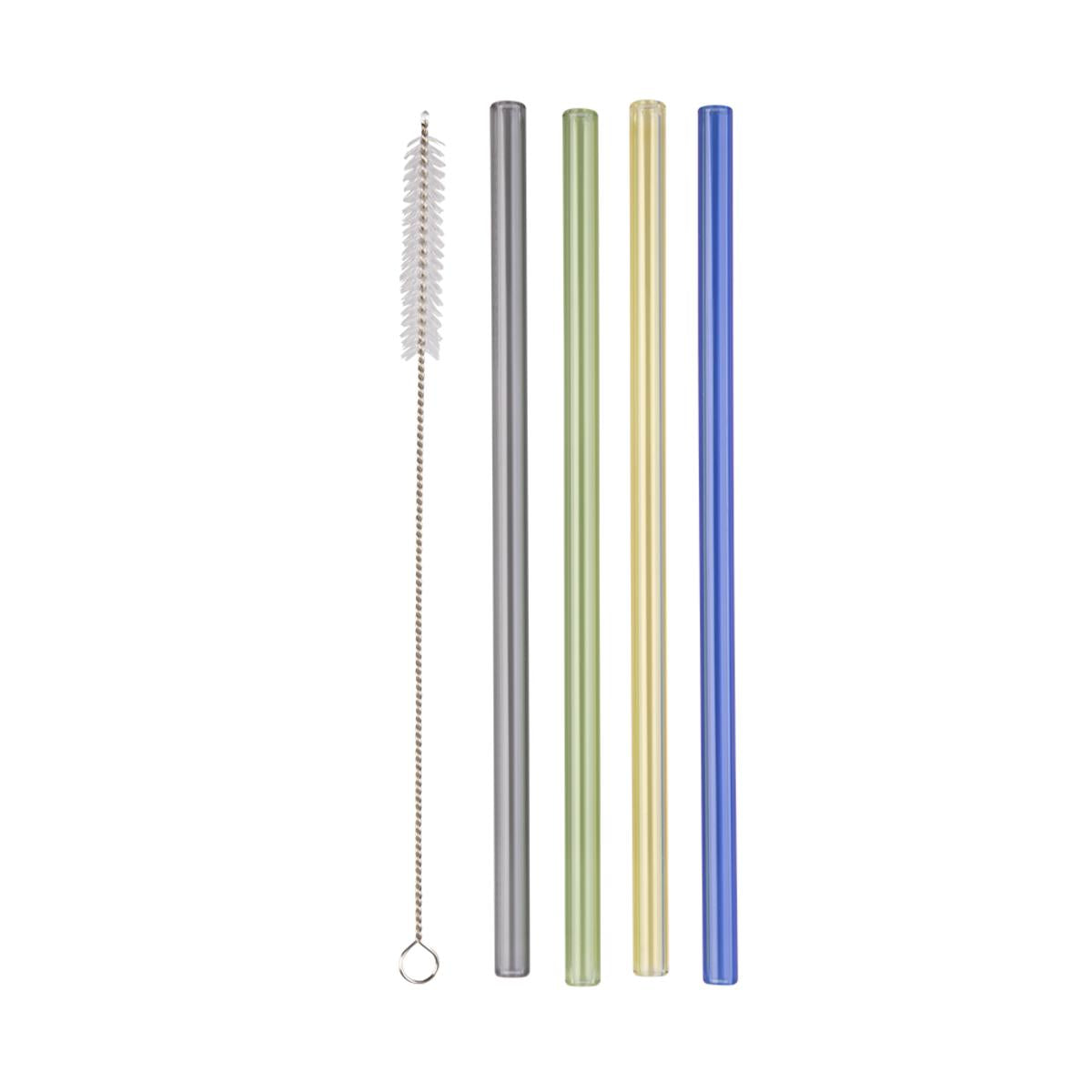 Appetito Glass Straw with Brush Set of 4 – eco-friendly reusable drinking straws in assorted colors with cleaning brush included.