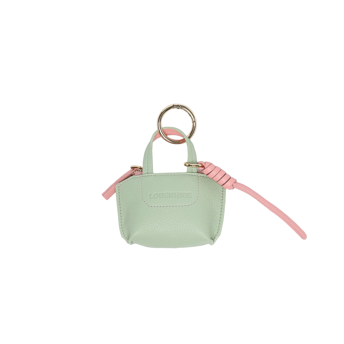 Louenhide Gina Bag Charm Sage Green shaped like a mini handbag with pink strap detail
