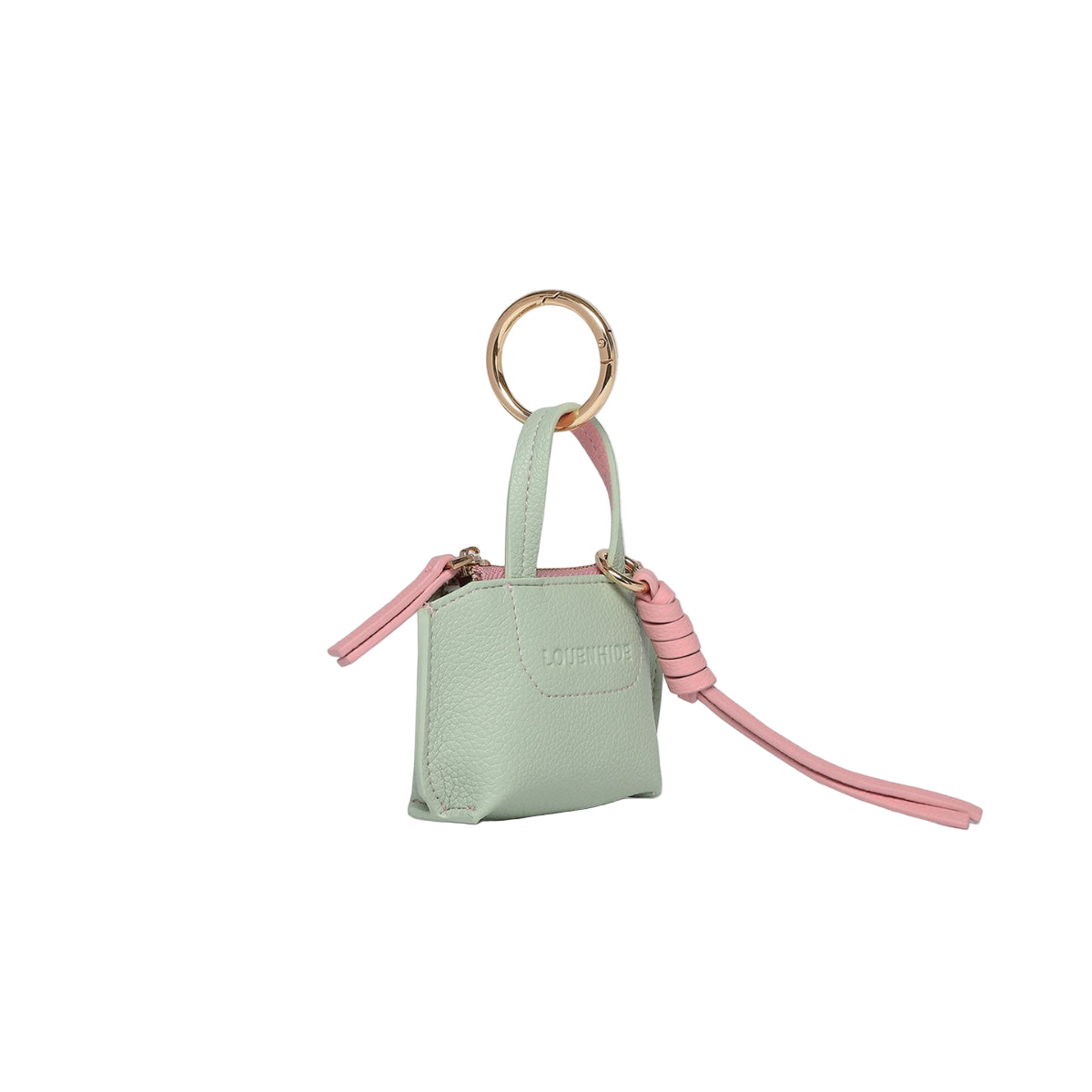 Louenhide Gina Bag Charm Sage Green shaped like a mini handbag with pink strap detail