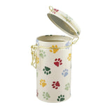 Emma Bridgewater Polka Paws Clip Tin – stylish tin with colourful paw print design and gold clip closure, ideal for storing biscuits