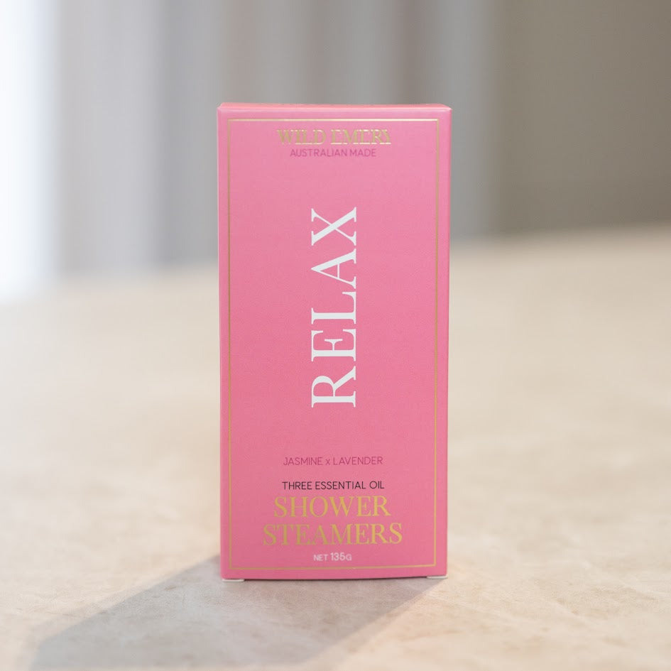Wild Emery Relax Shower Steamers Pack of 3 – essential oil steam tablets with jasmine and lavender for calming aromatherapy.