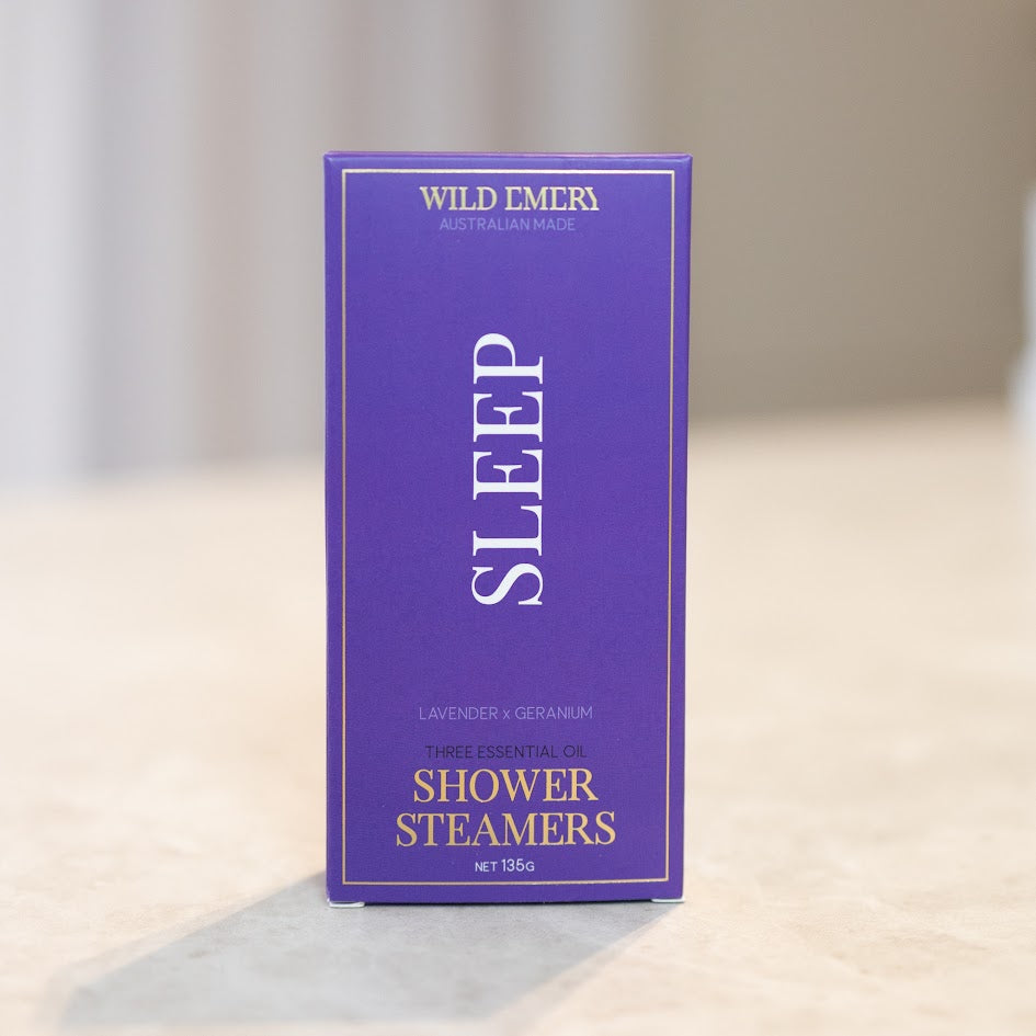 Wild Emery Sleep Shower Steamers Pack of 3 – essential oil steam tablets with lavender and geranium to promote rest and relaxation.