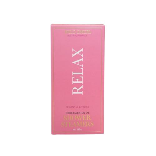 Wild Emery Relax Shower Steamers Pack of 3 – essential oil steam tablets with jasmine and lavender for calming aromatherapy.