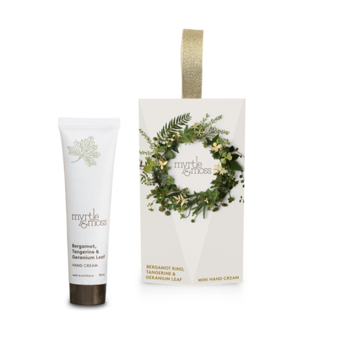Myrtle and Moss Bergamot Handcream Ornament – festive mini hand cream gift in mandarin, lemon myrtle and orange peel scent with hang tag.