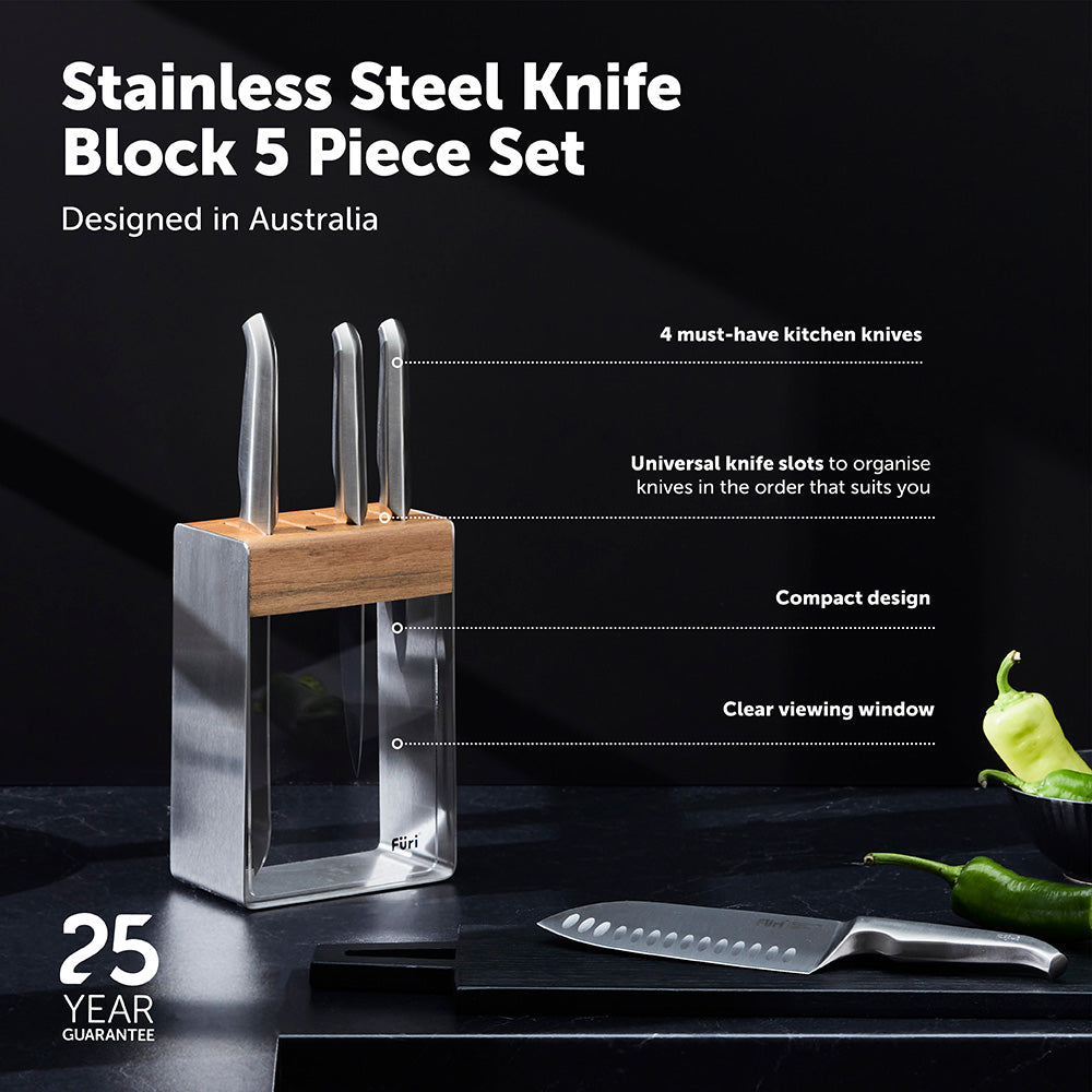 Furi Pro Stainless Steel Knife Block Set 5 Piece | Minimax