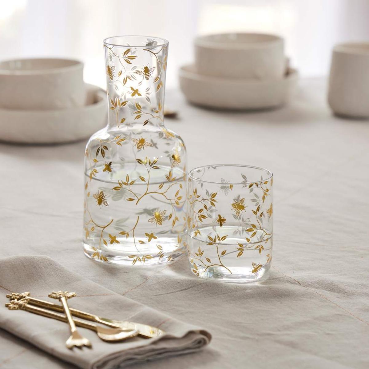 Pilbeam Living Bee Carafe Set 770mL – luxury clear glass carafe and tumbler set with metallic bee and floral design, ideal for modern homes