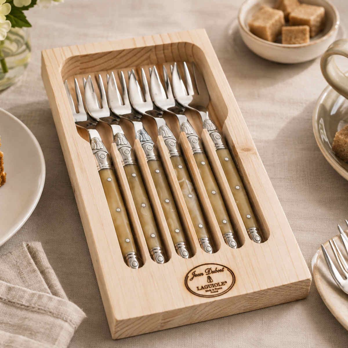 Laguiole Jean Dubost Deluxe Cake Fork Light Horn Set of 6