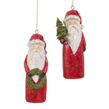 RAZ Resin Carved Santa Hanging Decoration 13cm – festive ornament featuring hand-carved style Santa in red robe holding wreath or tree.