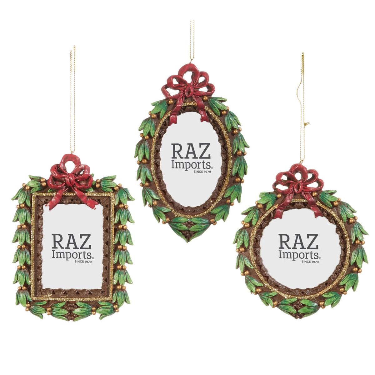 RAZ Bow Frame Hanging Decoration Assorted 14cm – festive photo frame ornaments with red bows and green leaf details for Christmas trees.