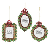 RAZ Bow Frame Hanging Decoration Assorted 14cm – festive photo frame ornaments with red bows and green leaf details for Christmas trees.