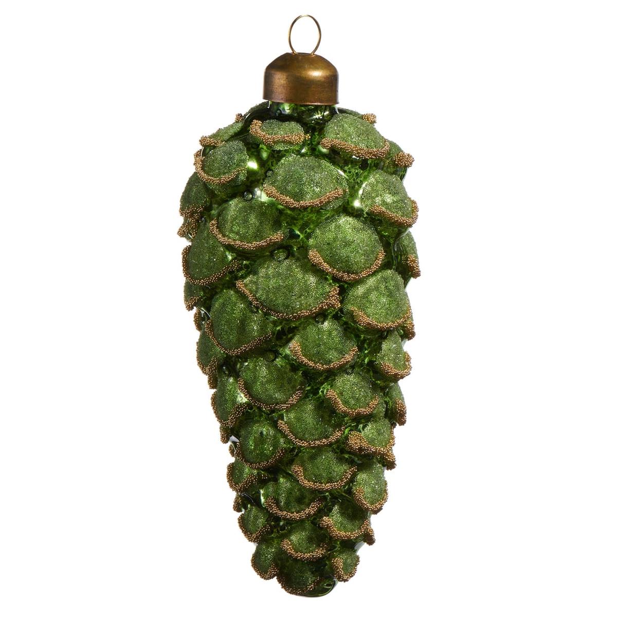 RAZ Pinecone Hanging Decoration Green 12cm – elegant glass ornament shaped like a pinecone with shimmering green and gold accents.