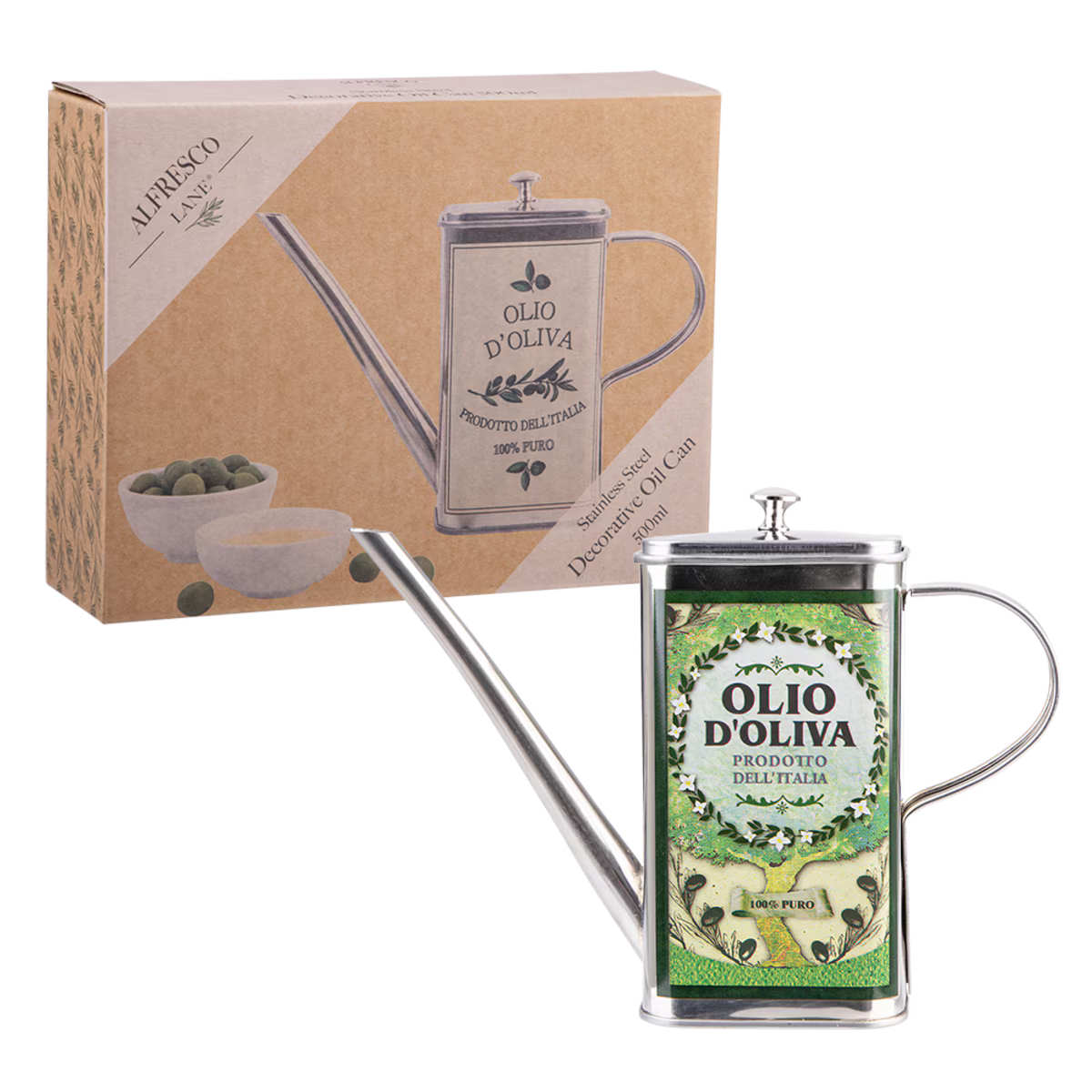 Alfresco Lane Stainless Steel Decorative Rectangular Oil Can 500ml