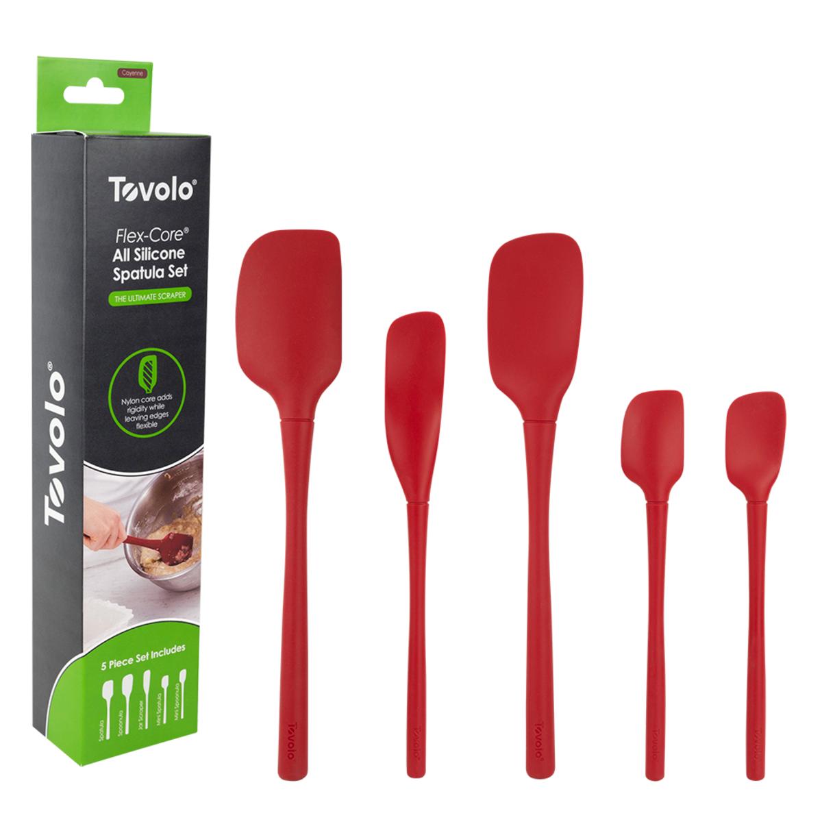 Tovolo Spatula Set Red Set of 5 featuring silicone spatulas in various sizes with ergonomic handles and heat-resistant design