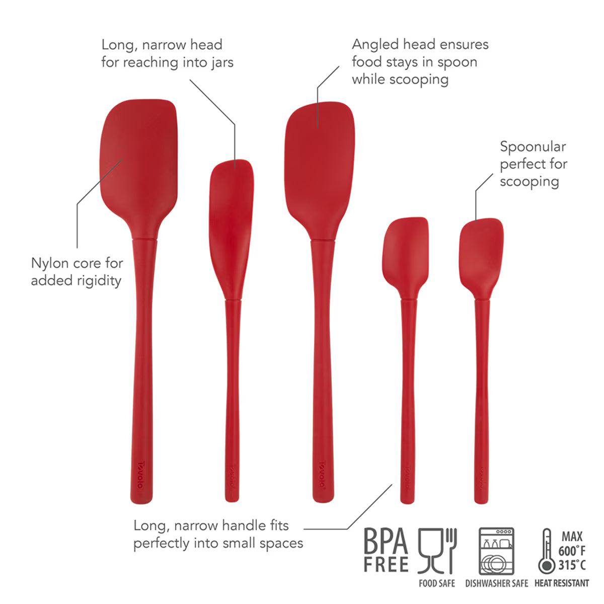 Tovolo Spatula Set Red Set of 5 featuring silicone spatulas in various sizes with ergonomic handles and heat-resistant design