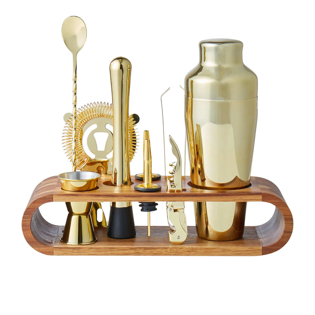Davis & Waddell Cocktail Set with Acacia Stand Gold 10 piece