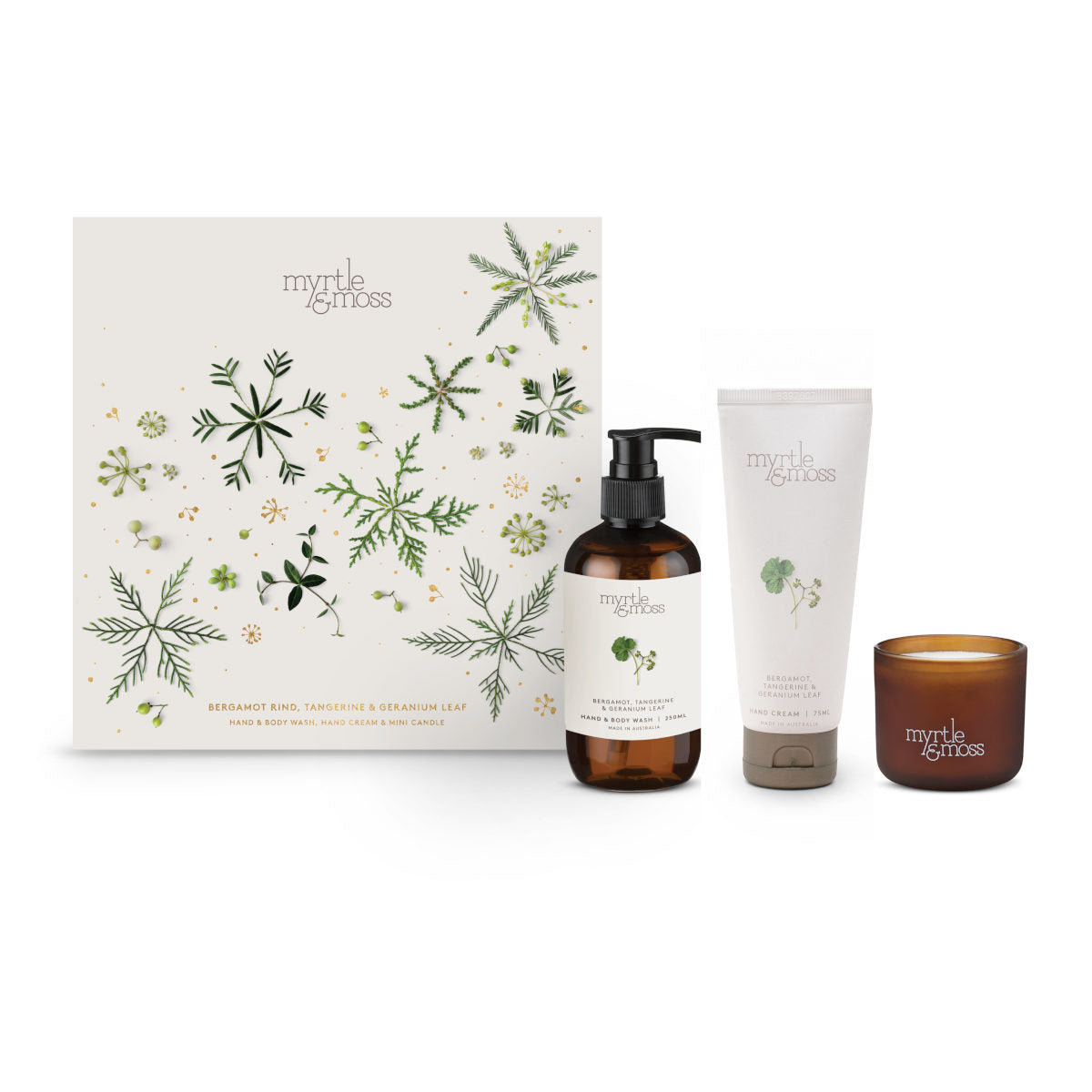 Myrtle and Mos Bergamot Trio 2026 Hand and Body Wash, Hand Cream, Mini Candle Gift Set