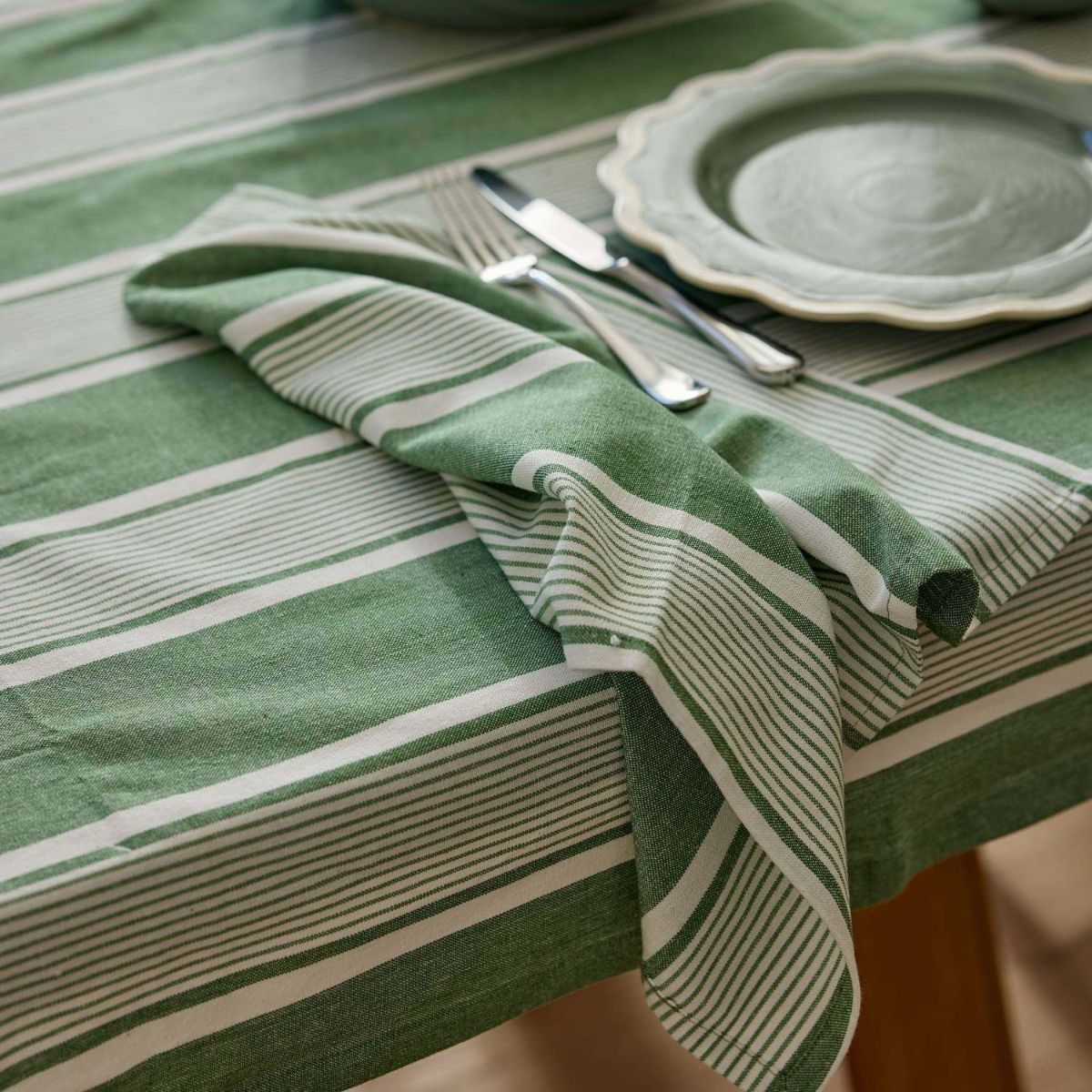Madras Link Avery Spruce Stripe Tablecloth Green 150 x 230cm
