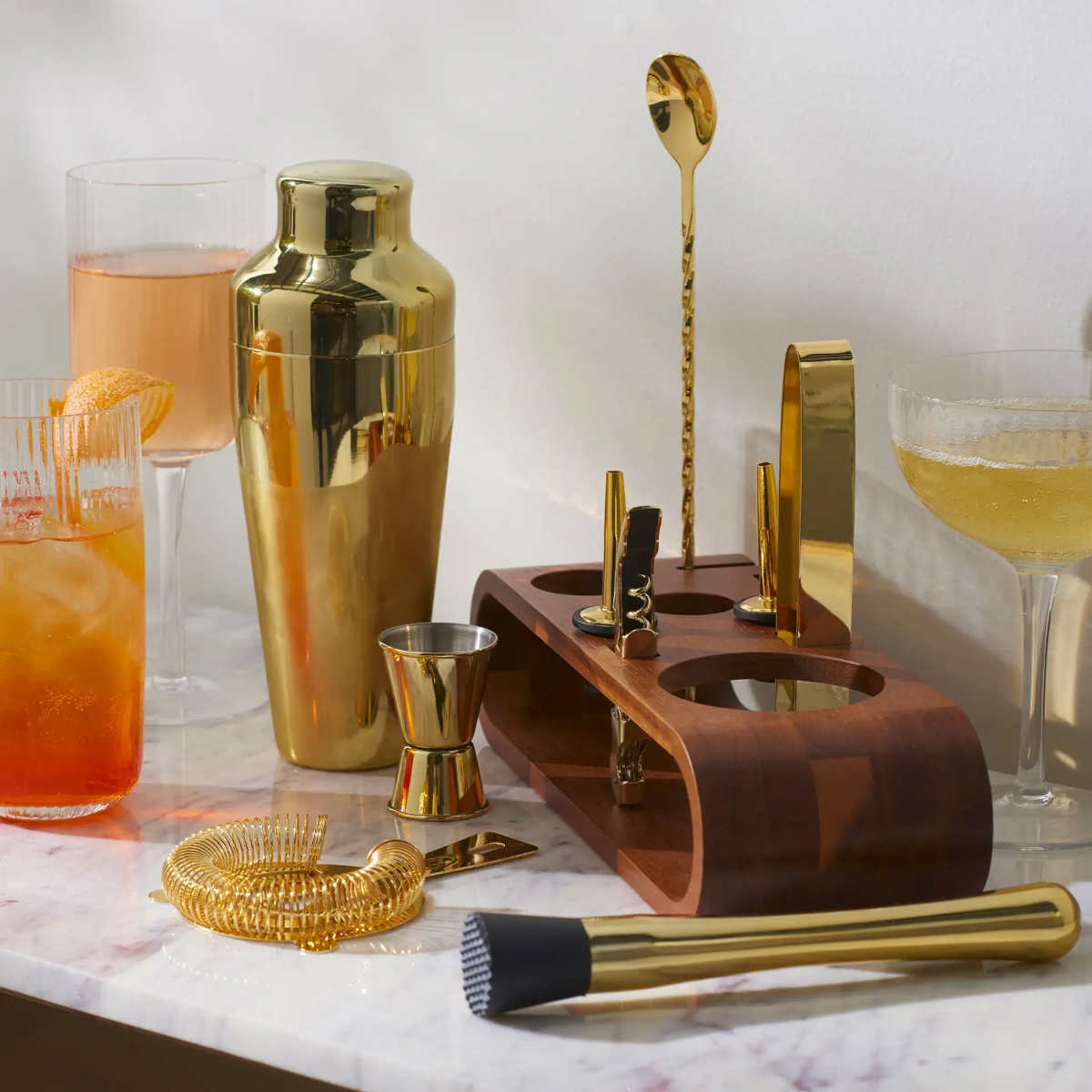 Davis & Waddell Cocktail Set with Acacia Stand Gold 10 piece