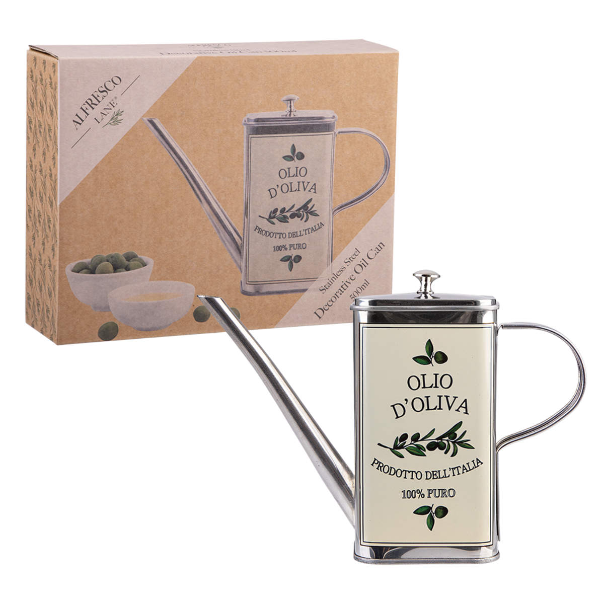 Alfresco Lane Stainless Steel Decorative Rectangular Oil Can 500ml