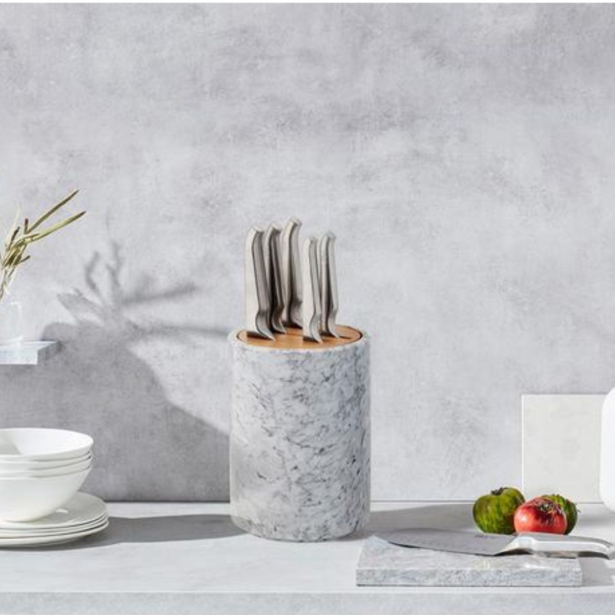 Furi Round Marble Knife Block White & Oak Set of 6