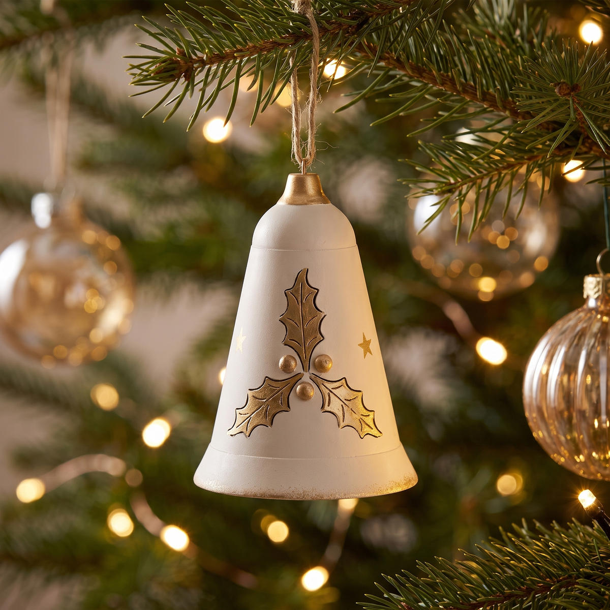 Noel Holly Hang Bell Christmas Decoration White/Gold 11cm