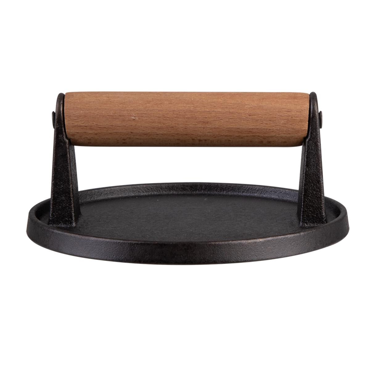 Urban Grill Smash Cast Iron Burger Press 14cm – heavy-duty cast iron press with wooden handle, perfect for evenly smashed burgers.