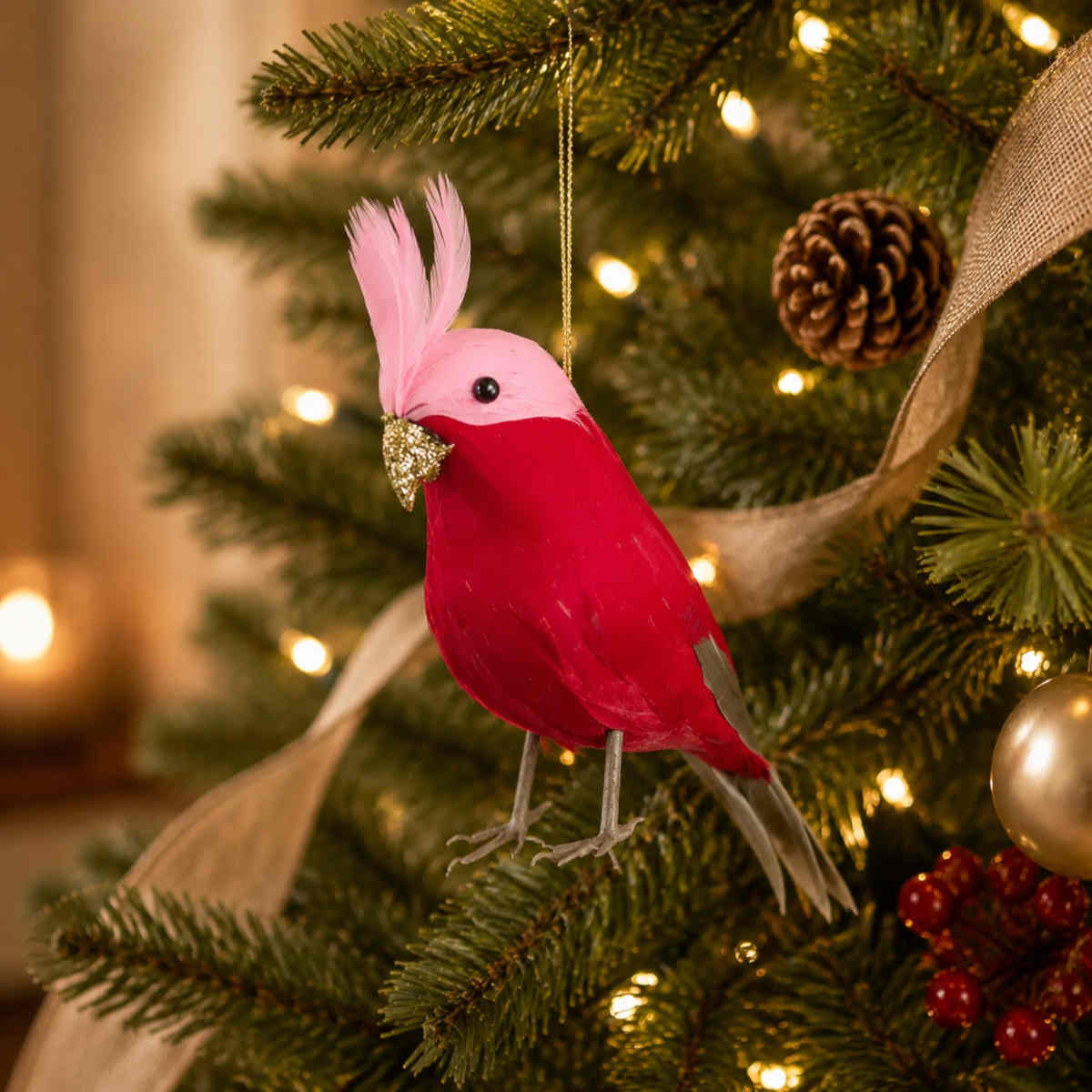 Vixen & Velvet Efina Feather Bird Decoration Red 20cm