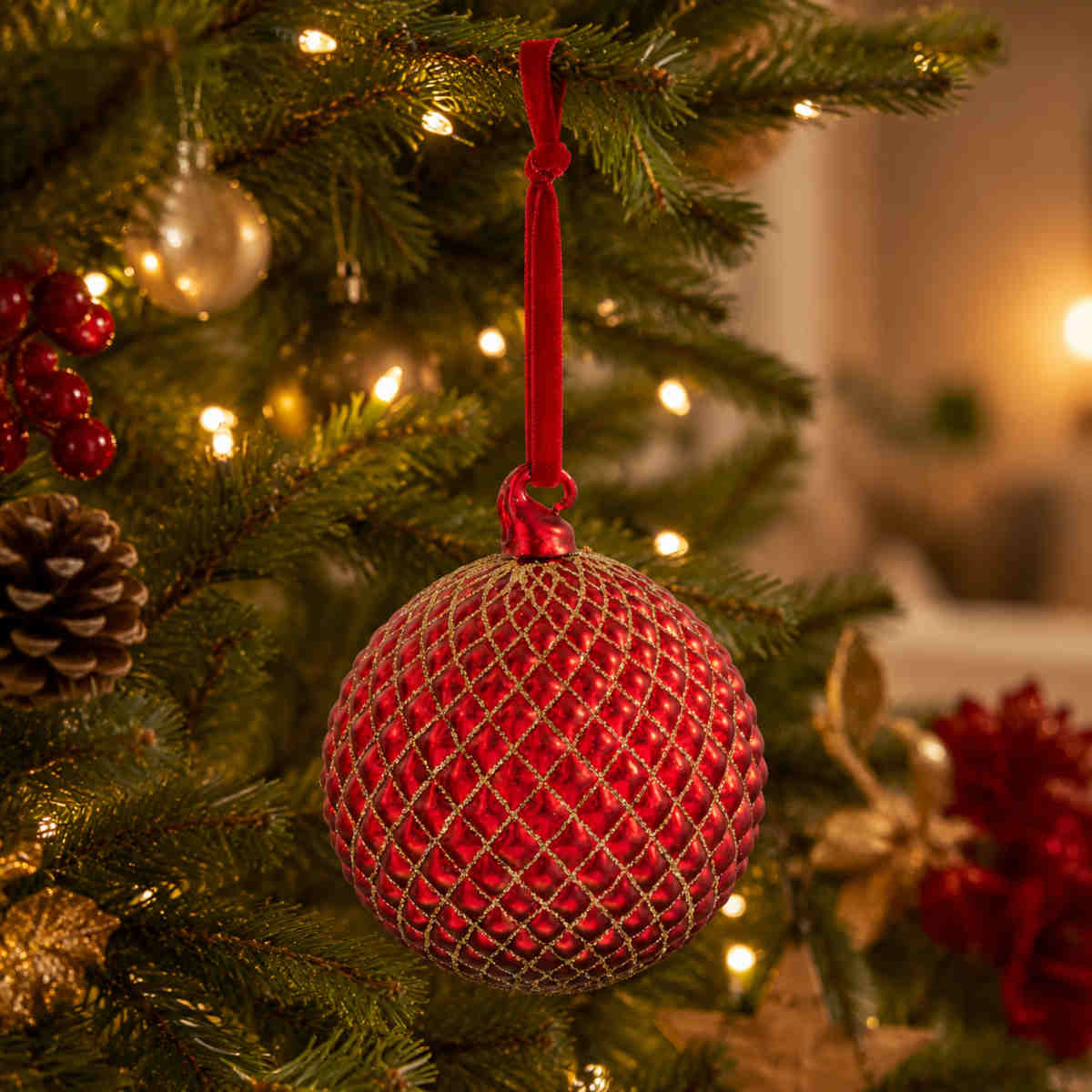 RAZ Quilt Bauble  Red/Gold 10cm