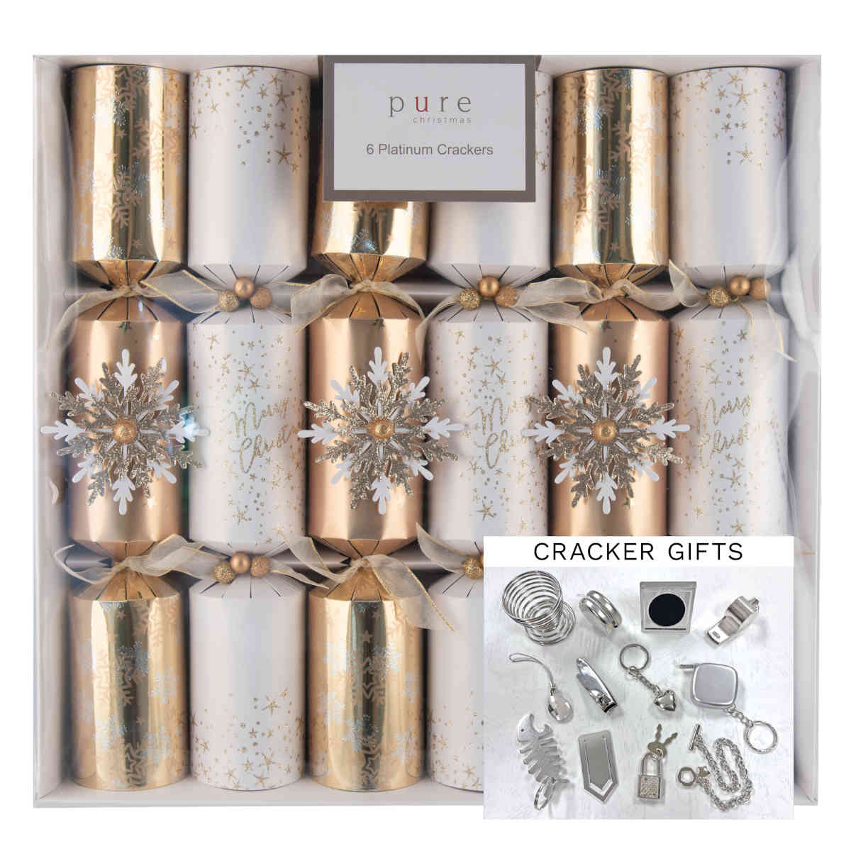 Pure Christmas Snowflake Crackers Platinum Gold Pearl 36cm (Set of 6) | Minimax