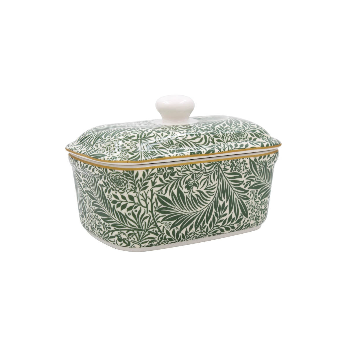 Angled view of William Morris Larkspur Design Fine China Butter Dish featuring green floral pattern and lid