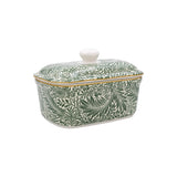 Angled view of William Morris Larkspur Design Fine China Butter Dish featuring green floral pattern and lid