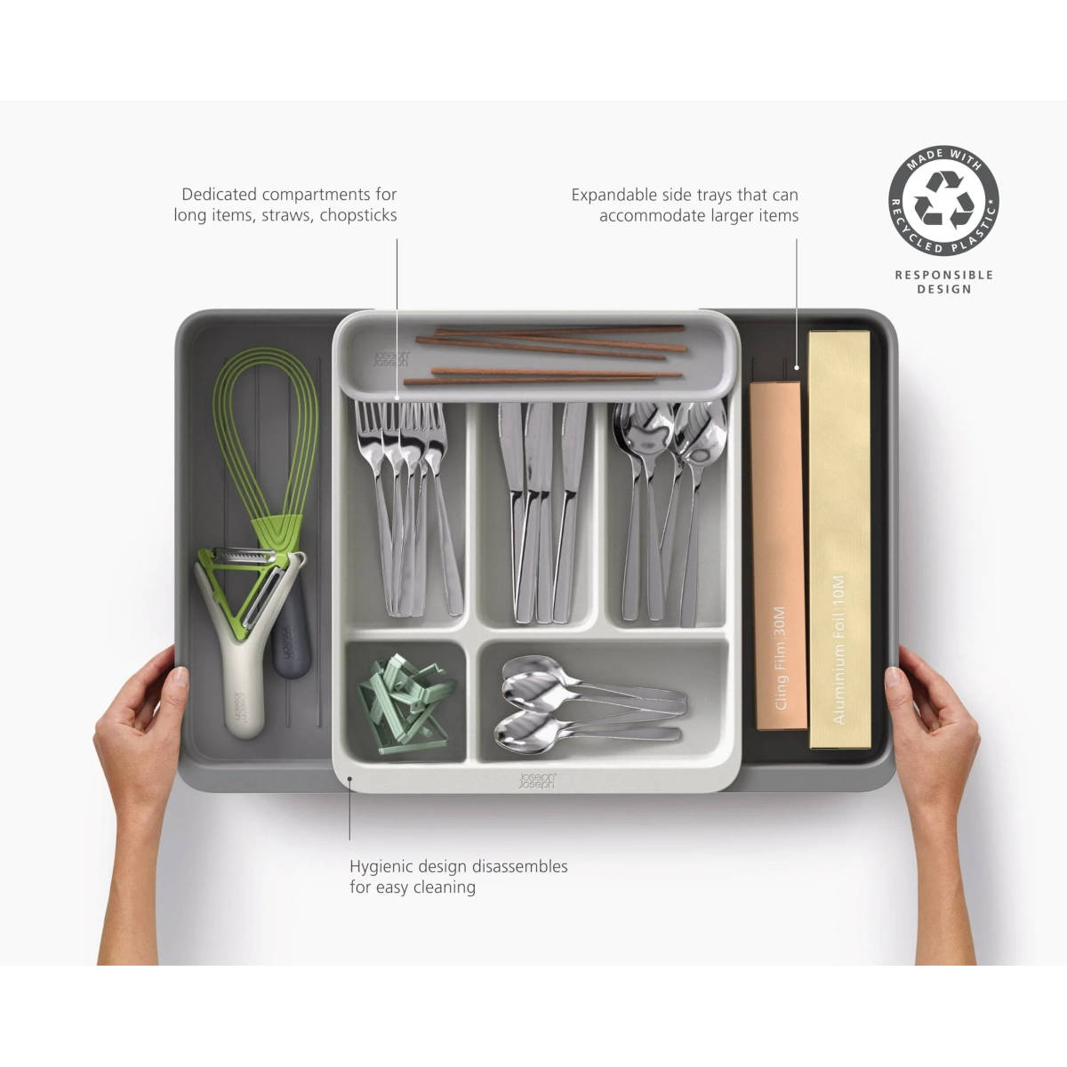 Joseph Joseph Grey Expandable Cutlery Organiser with compartments for utensils and items | Minimax